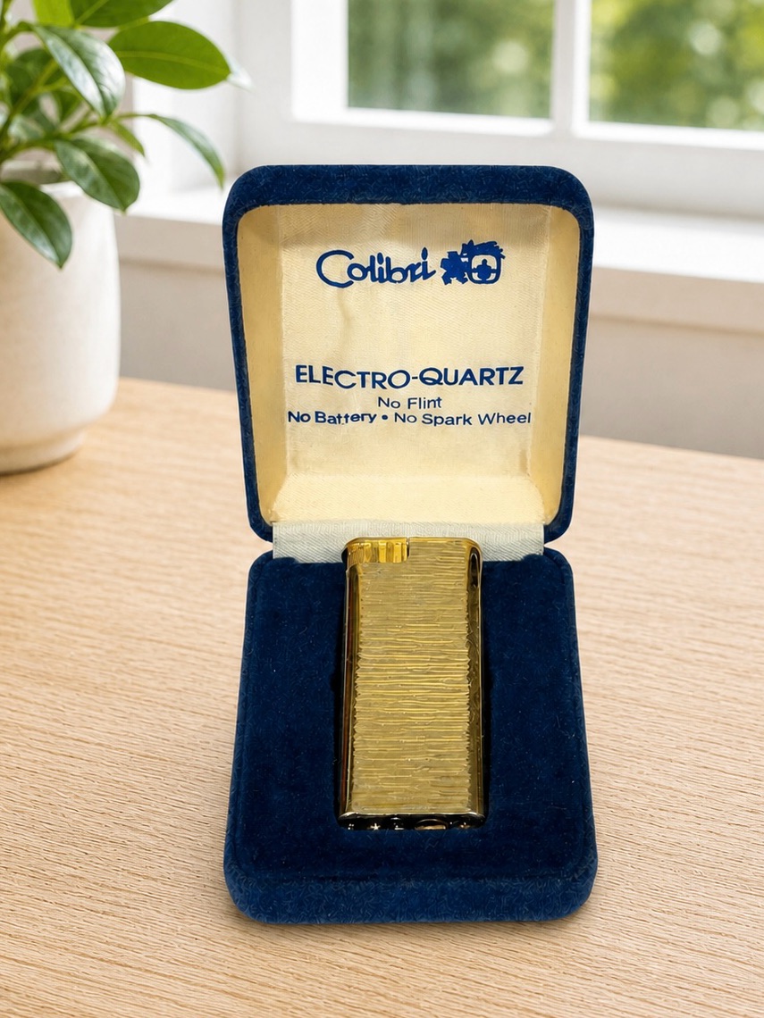 Vintage 80s Colibri Electro Quartz Gold Tone No Spark Wheel Lighter Original Box